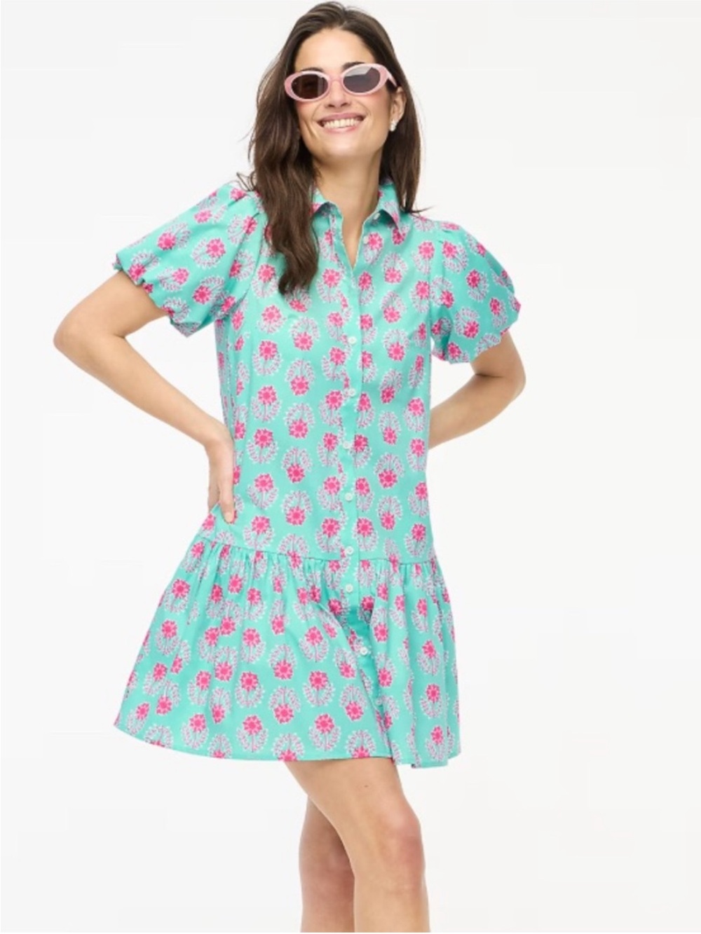 Size 6 J Crew Aqua Floral Button-Front Puff Sleeve Dress.